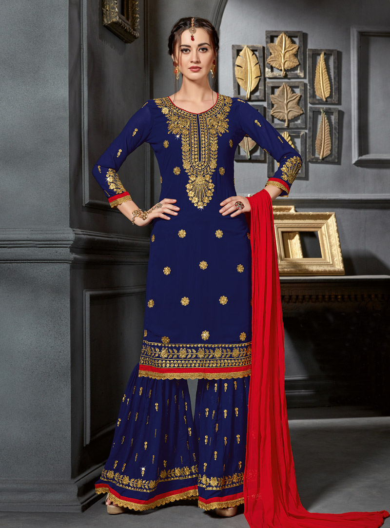 Navy Blue Faux Georgette Sharara Style Suit 146960