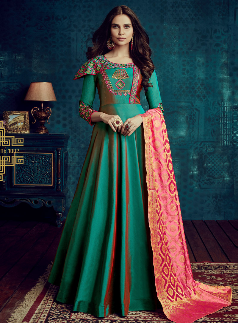 Green Taffeta Silk Readymade Anarkali Suit 140065