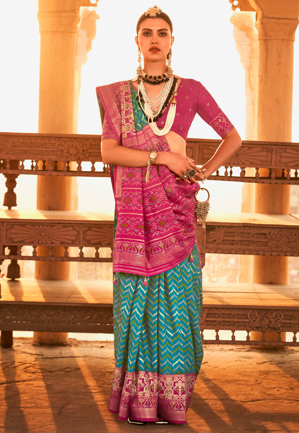Turquoise Patola Silk Saree With Blouse 262138