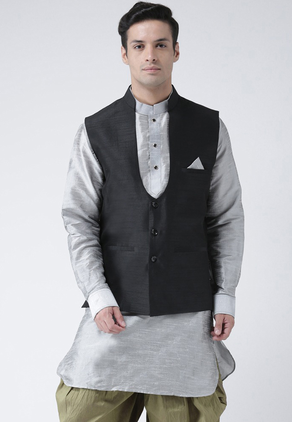 Black Embroidered Nehru Jacket Set For Men