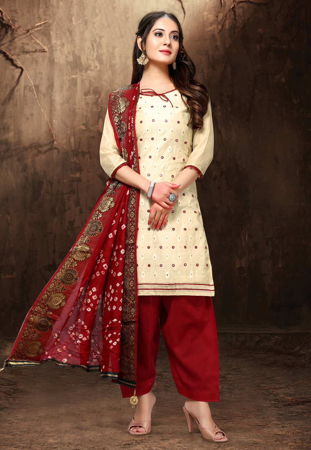 Cream Chanderi Punjabi Suit 210887