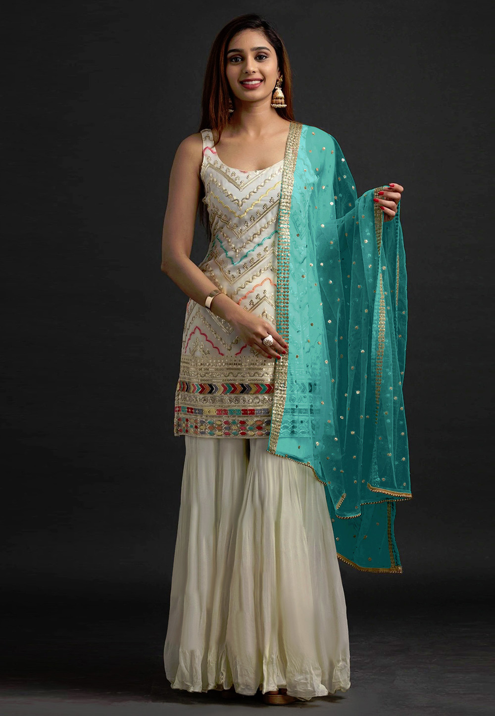 Off White Faux Georgette Sharara Suit 249619
