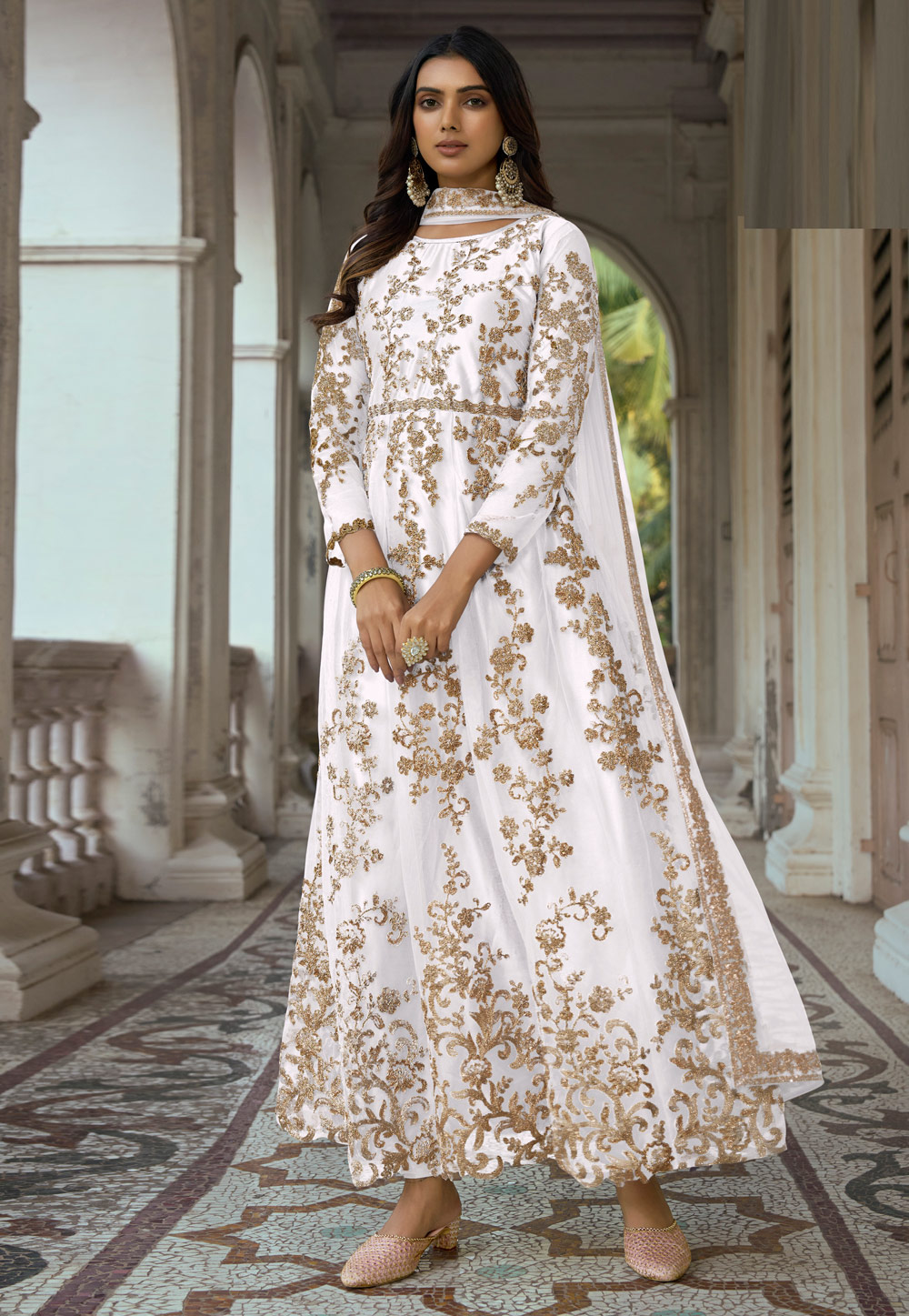 White Net Embroidered Long Anarkali Suit 261534