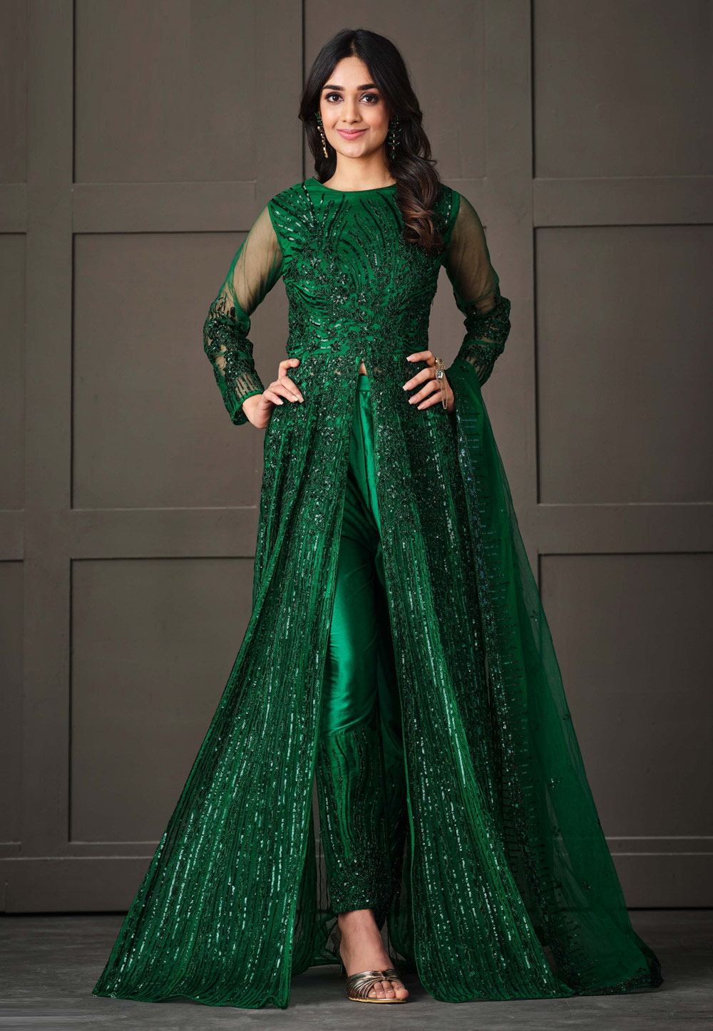 Green Net Embroidered Pant Style Suit 258768