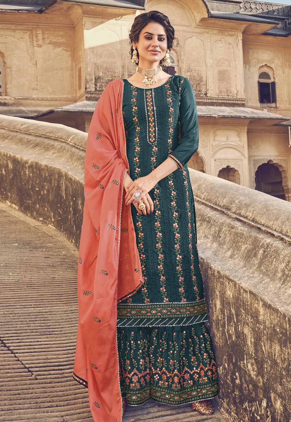 Teal Chinon Embroidered Sharara Suit 230579