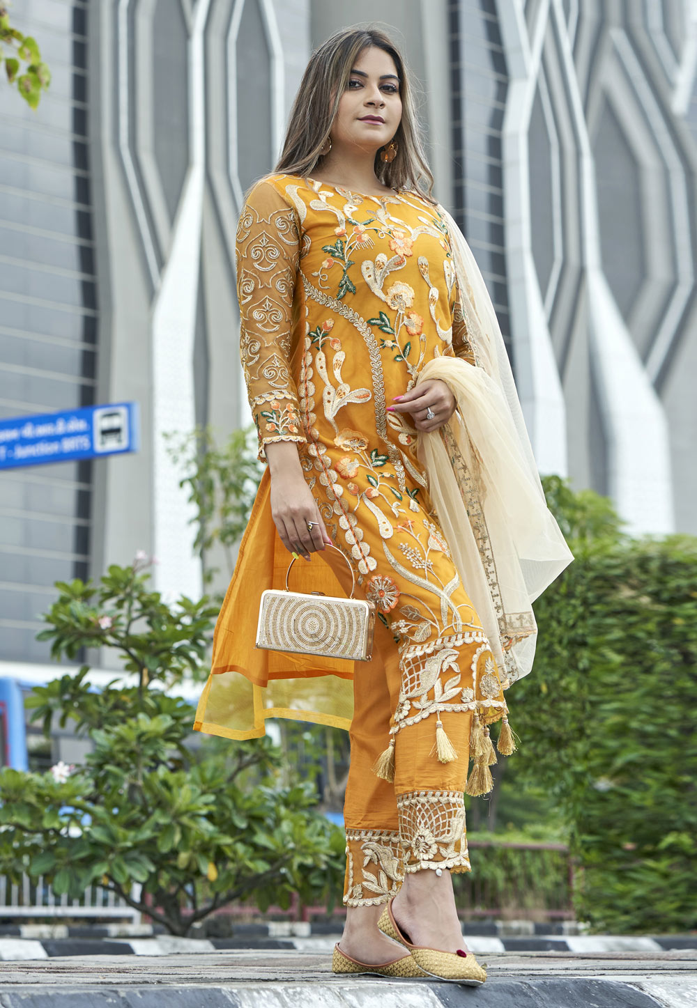 Yellow Net Pant Style Suit 232179