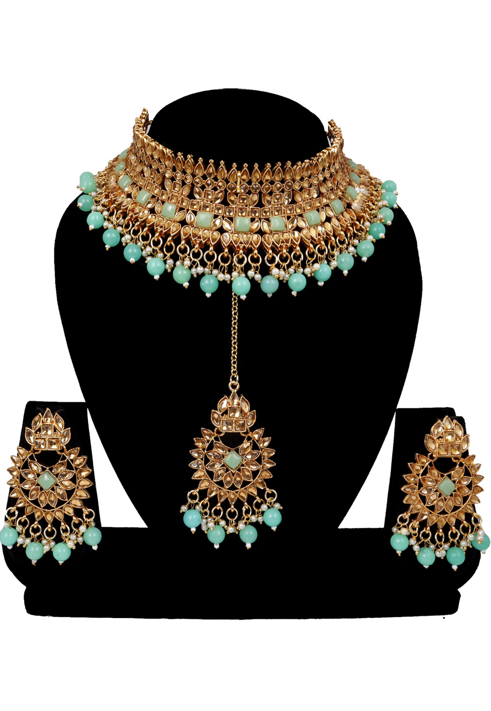 Sea Green Alloy Austrian Diamonds and Kundan Necklace Set With Earrings and Maang Tikka 272590