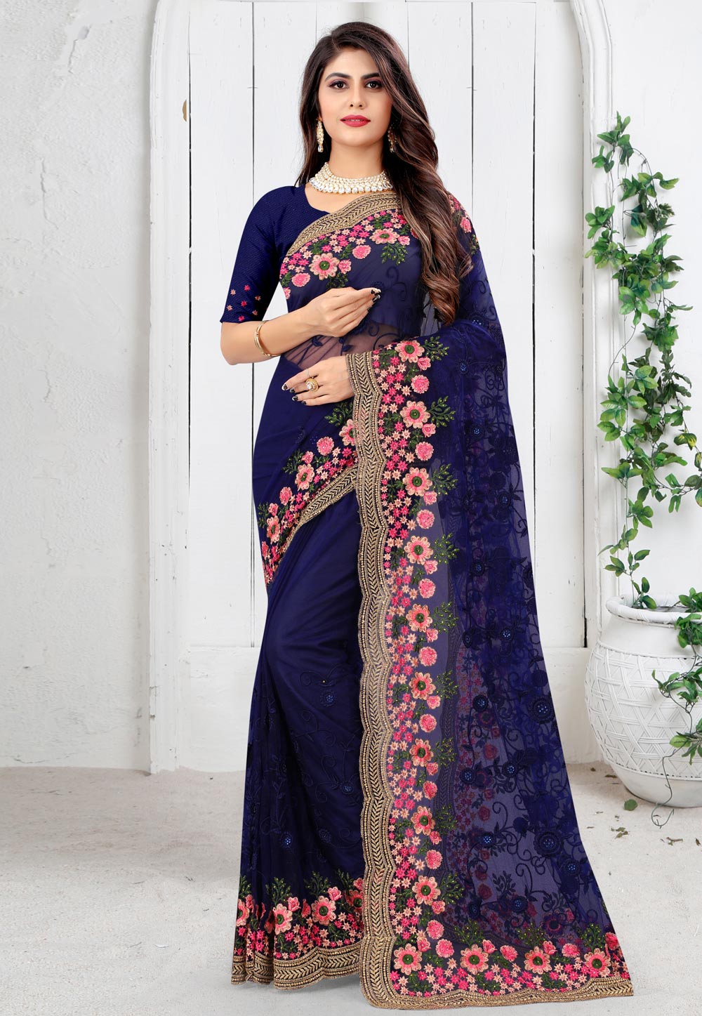 Navy Blue Net Saree With Blouse 233934
