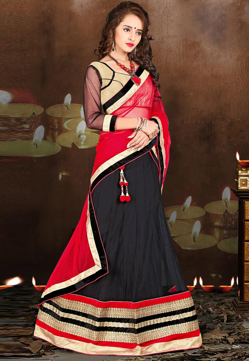 Red Black Lehenga Embroidery Work Lehenga choli Wedding Sari Saree Indian  Skirt | eBay