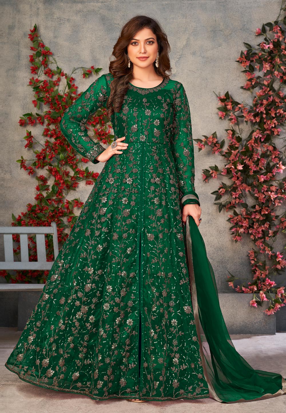 Green Net Embroidered Anarkali Suit with Pant 247486