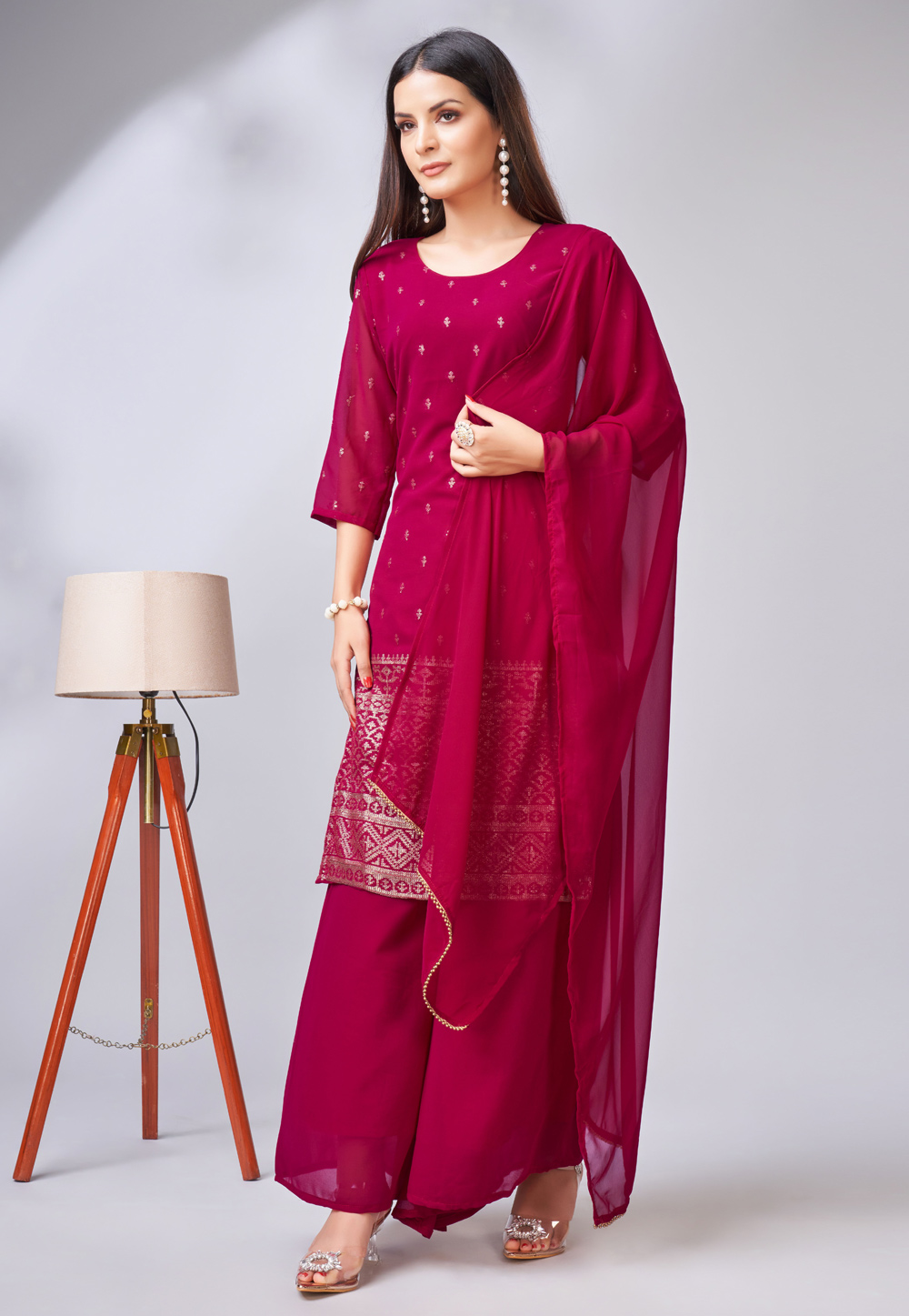 Magenta Georgette Readymade Palazzo Suit 273196