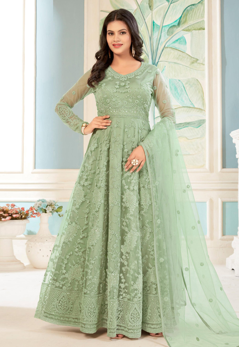 Sea Green Net Anarkali Suit 270938