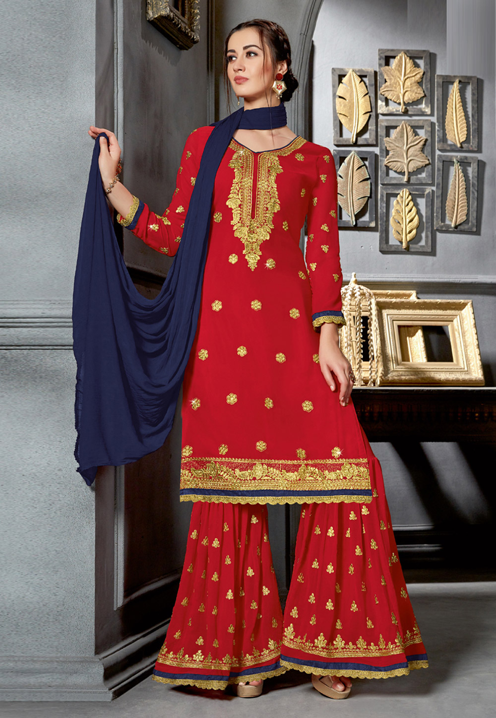 Red Faux Georgette Sharara Suit 255168