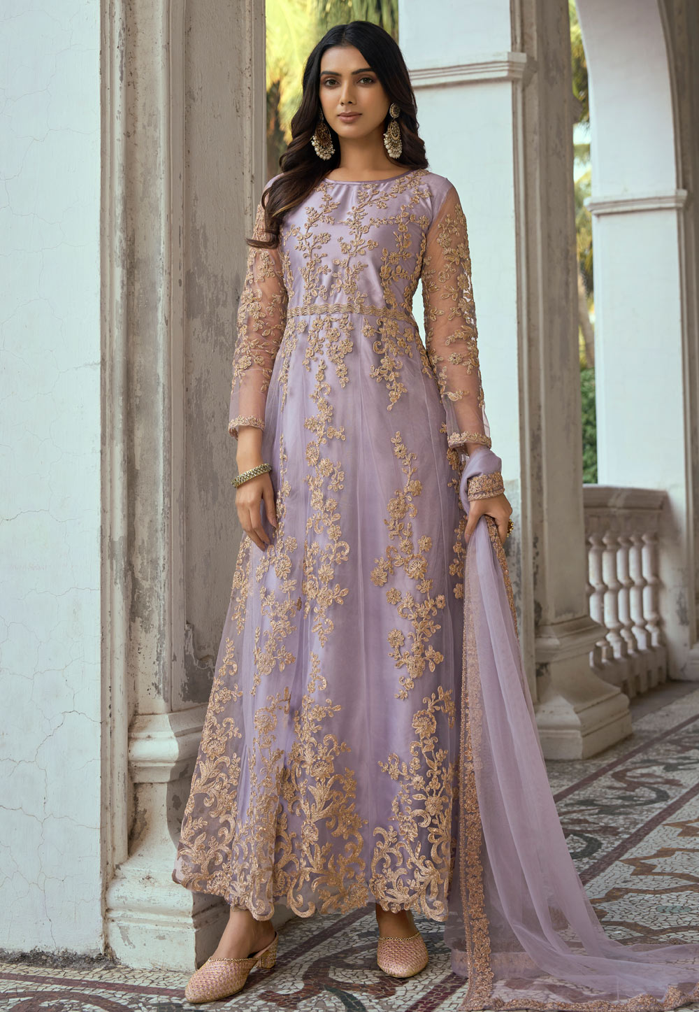 Light Purple Net Embroidered Anarkali Suit 256753