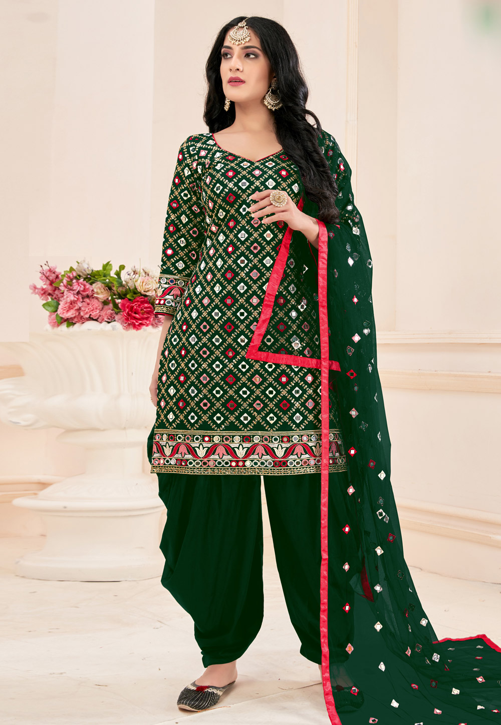 Green Cotton Readymade Patiala Suit 210875