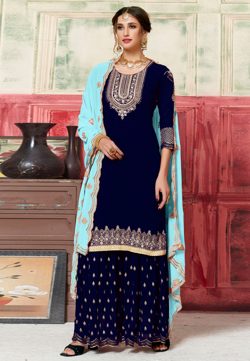 Blue Georgette Embroidered Sharara Suit 182742