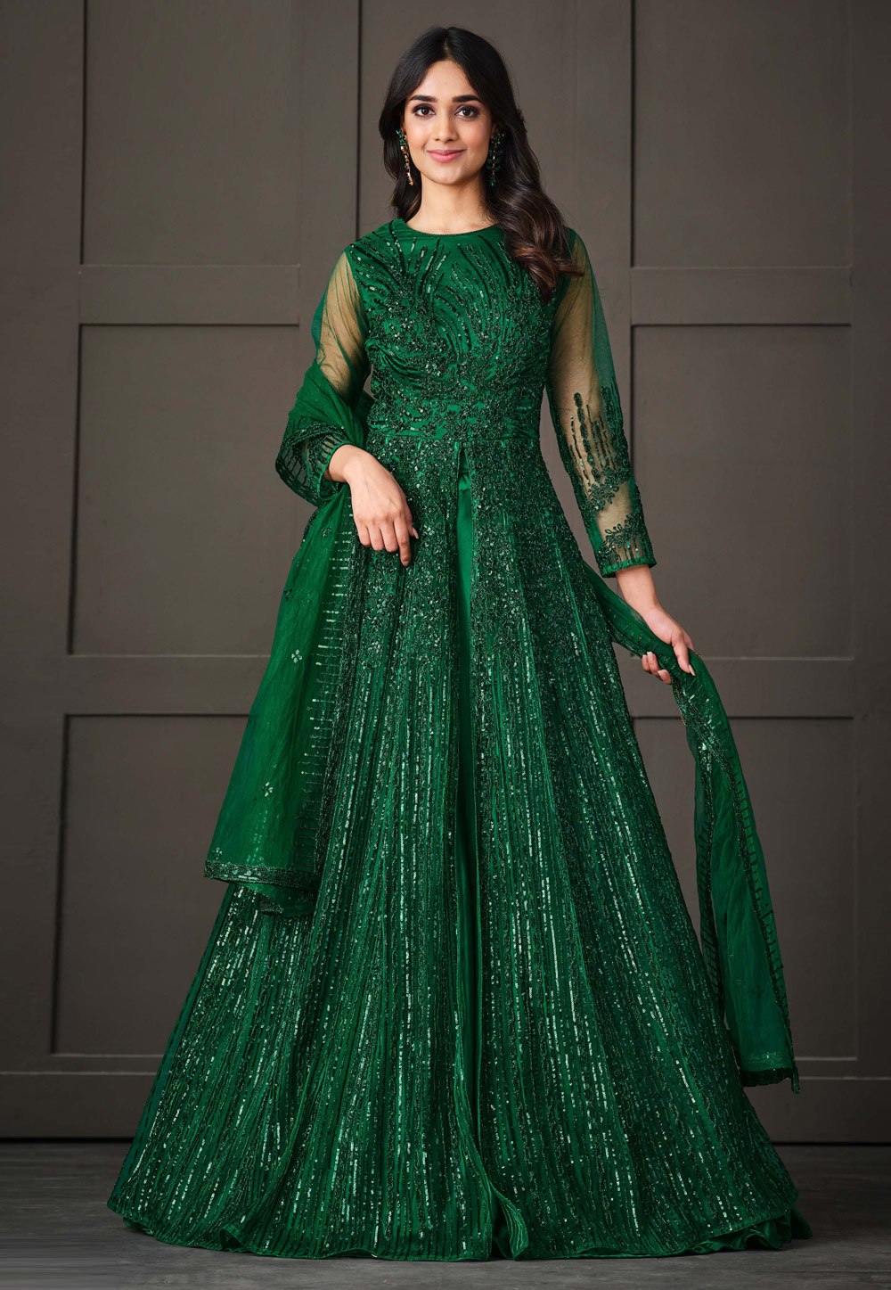 Green Net Abaya Style Anarkali Suit 258767
