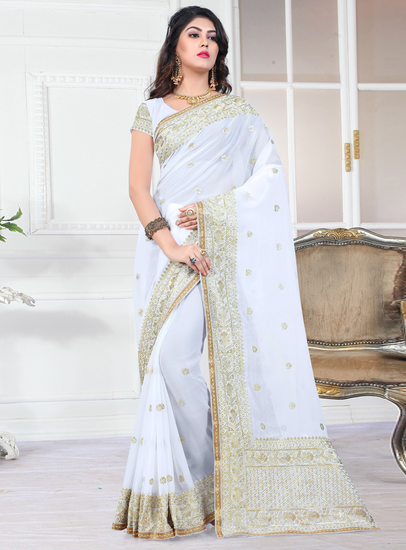 White Georgette Saree With Blouse 130686