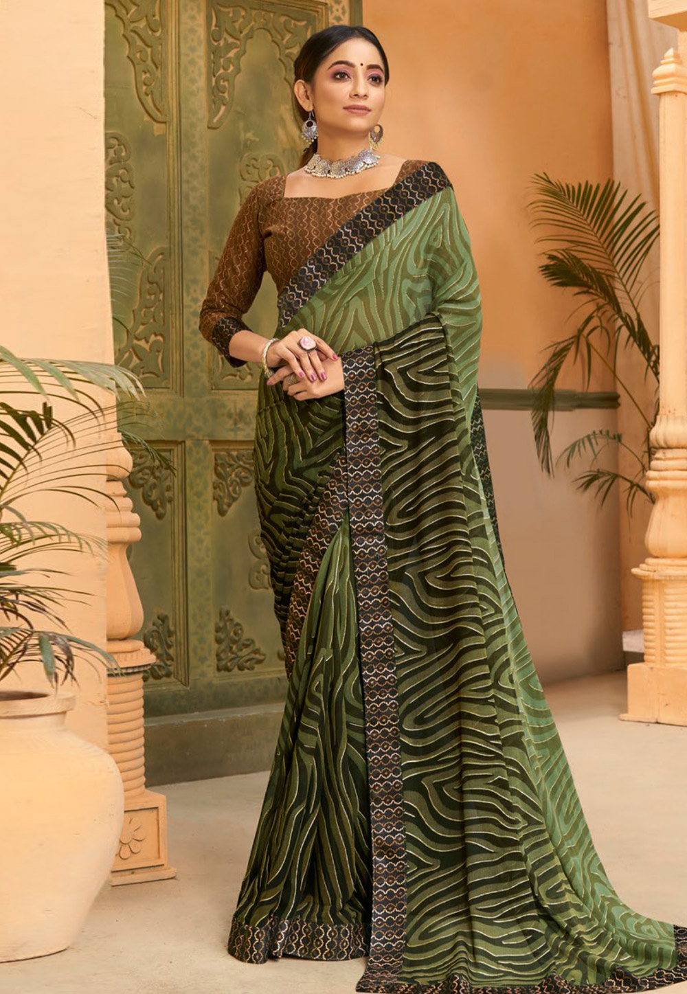 Mehndi Faux Georgette Saree With Blouse 245959