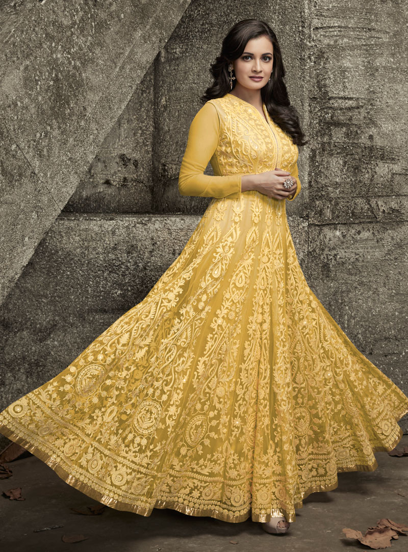 Dia Mirza Yellow Net Ankle Length Anarkali Suit 95917