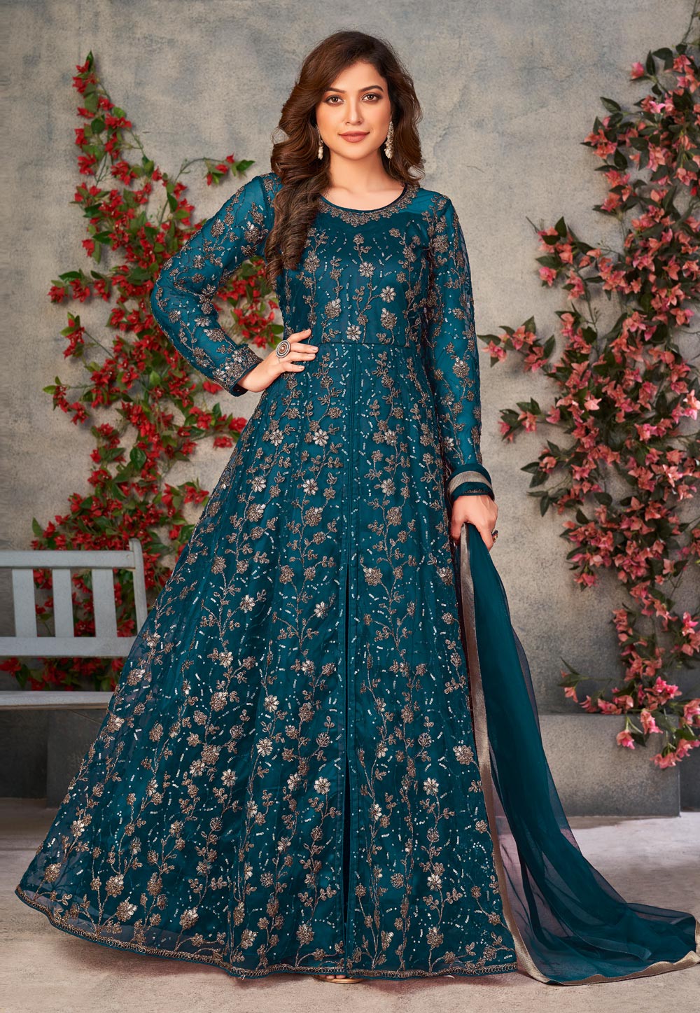 Teal Net Embroidered Anarkali Suit with Pant 247488