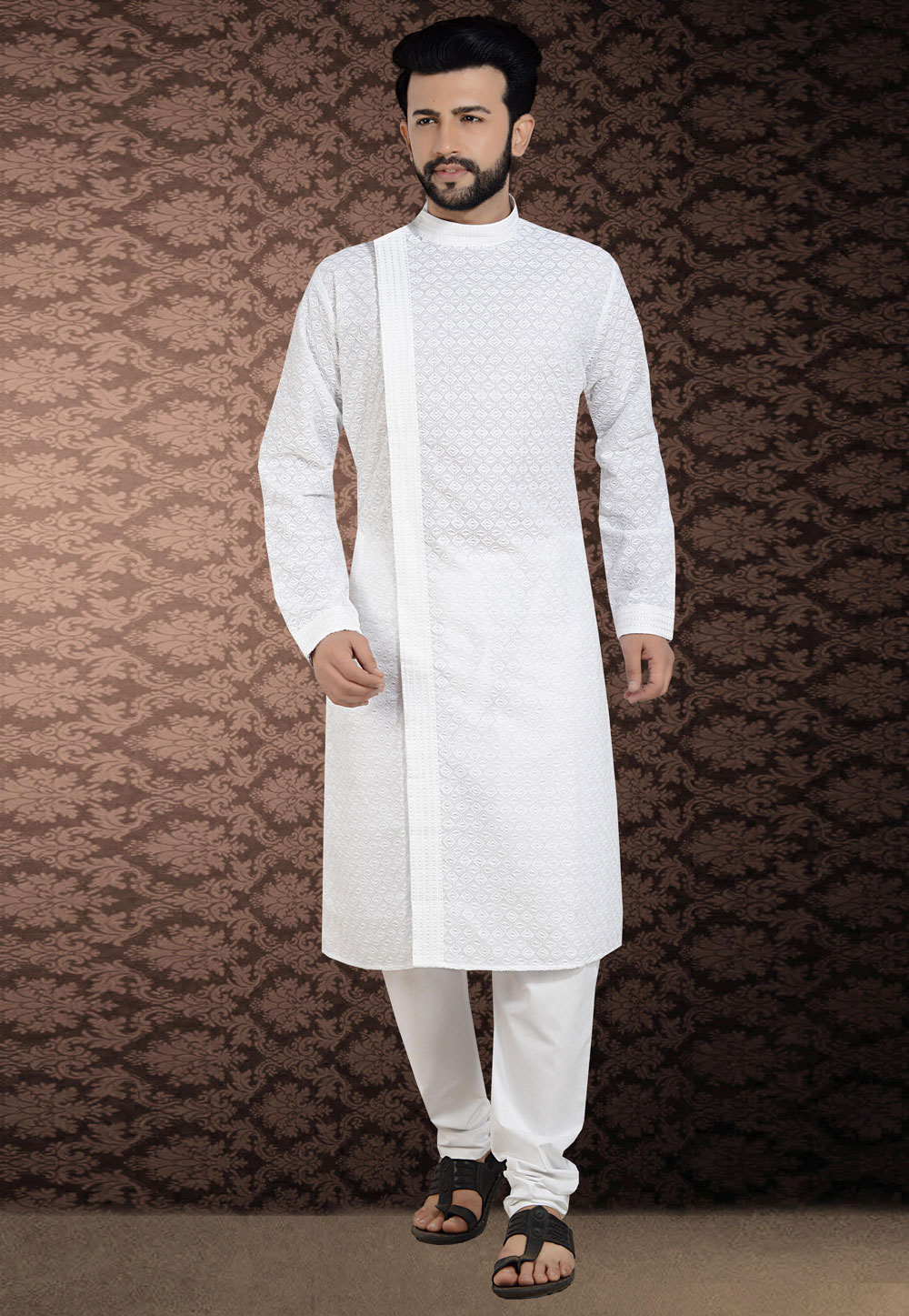 White Cotton Readymade Kurta Pajama 206736