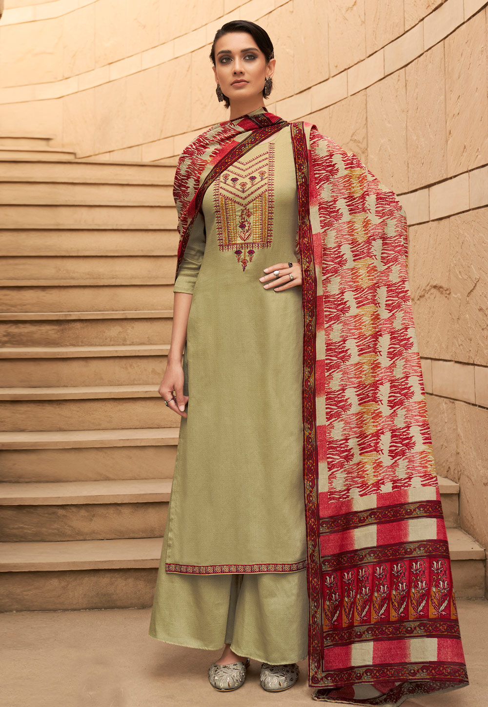 Pista Green Cotton Kameez With Palazzo 221530
