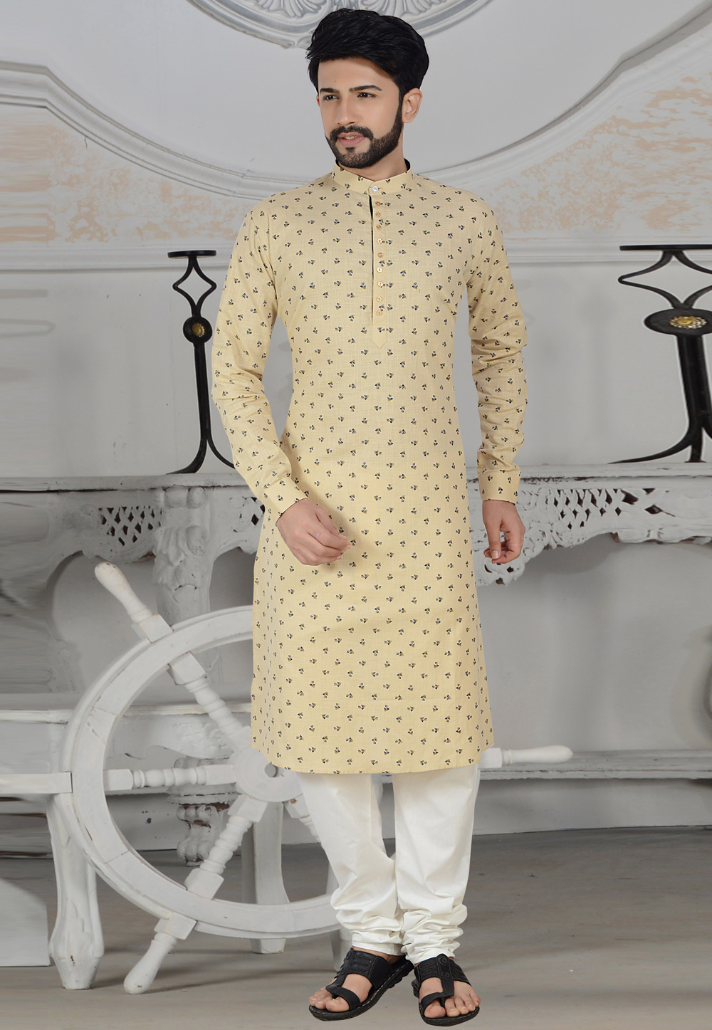 Cream Cotton Linen Readymade Kurta Pajama 206738
