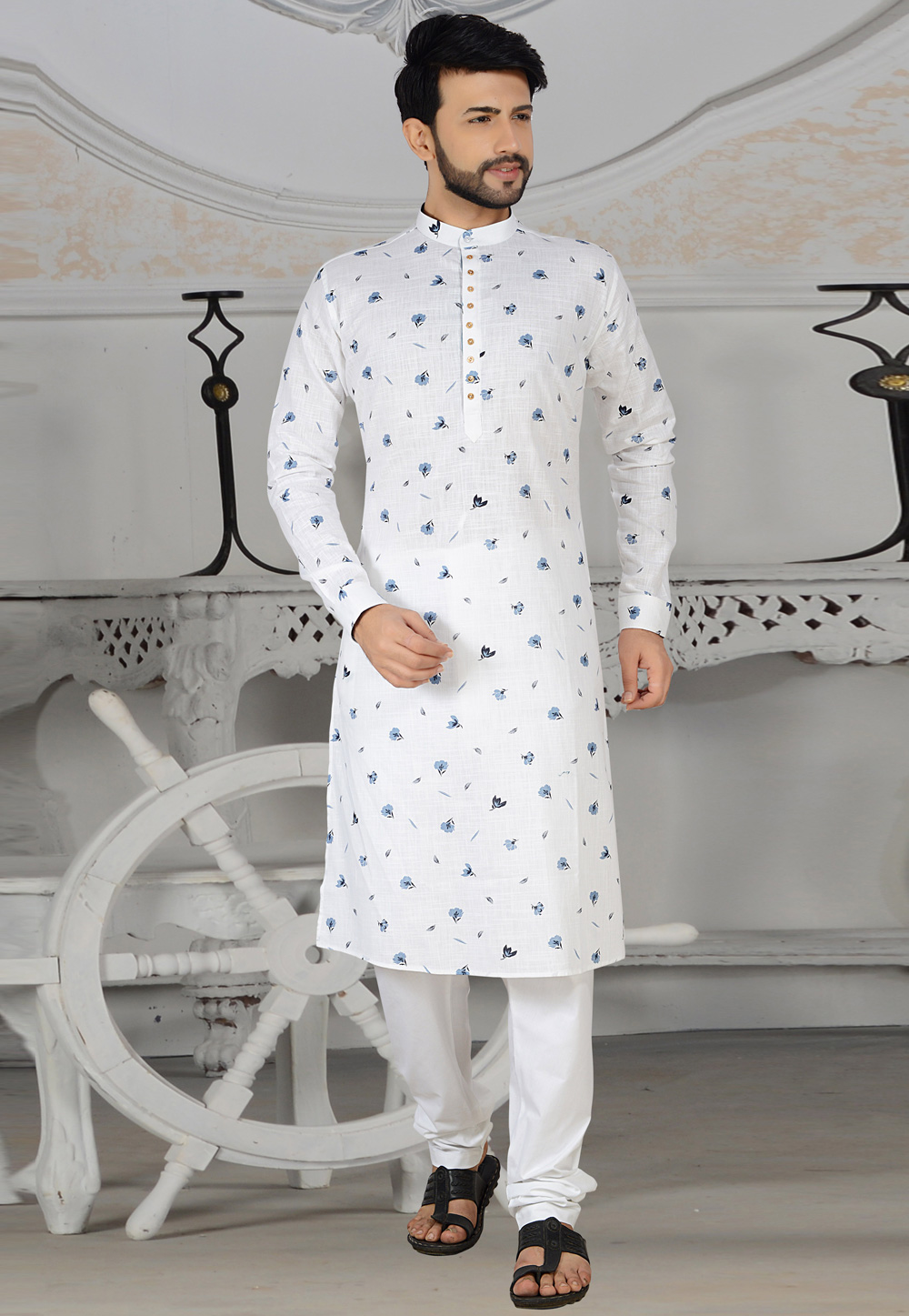 White Cotton Linen Readymade Kurta Pajama 206739