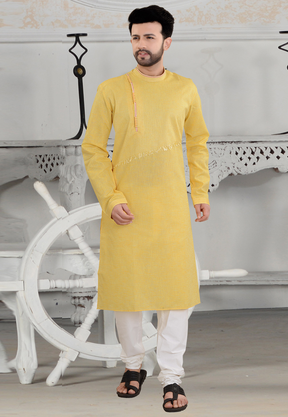 Yellow Linen Readymade Kurta Pajama 206750