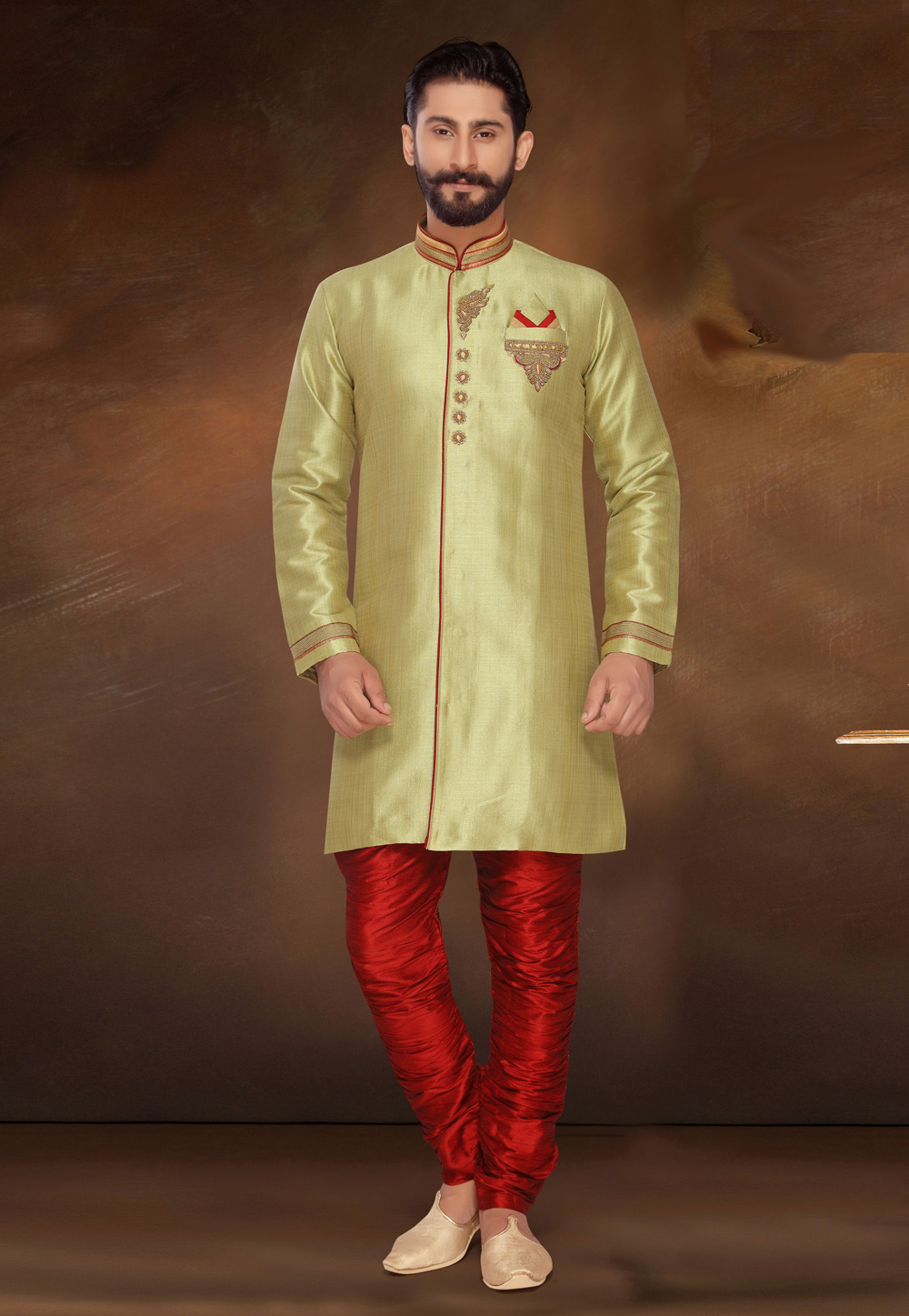 Pista Green Jacquard Silk Readymade Indo Western Suit 206718