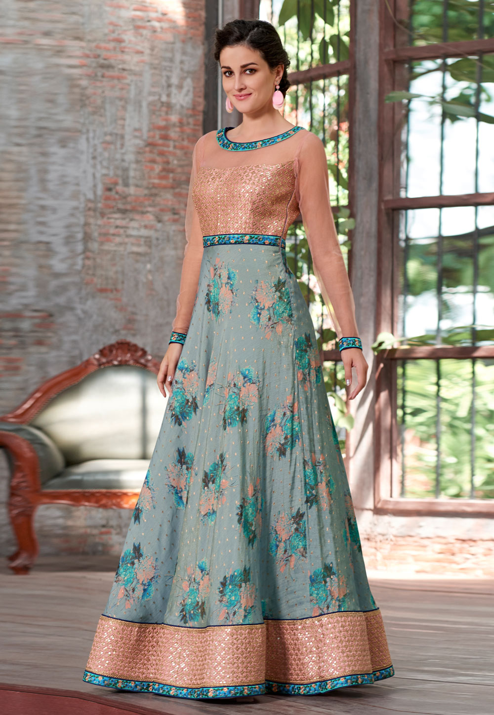 Grey Silk Embroidered Gown 163814