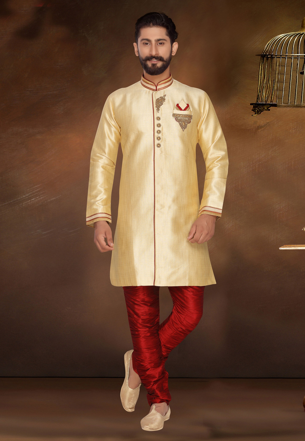 Cream Jacquard Silk Readymade Indo Western Suit 206719