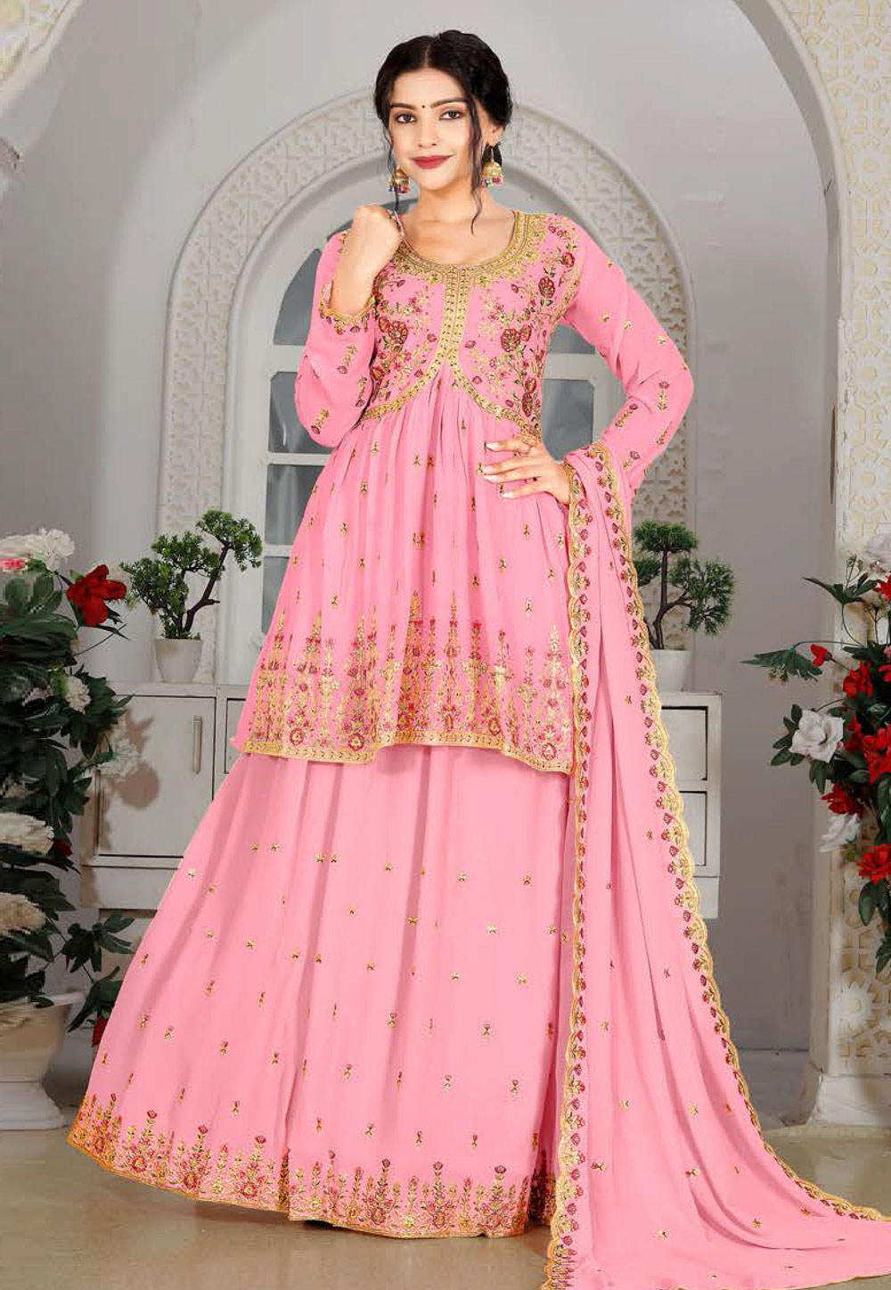 Pink Georgette Long Choli Lehenga 258813