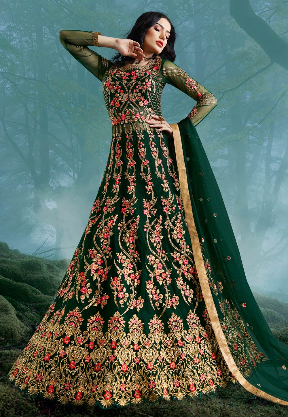 Green Net Embroidered Abaya Style Anarkali Suit 195935