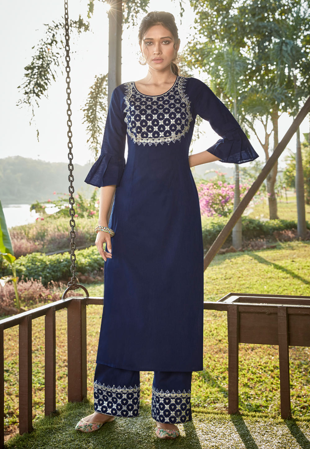 Navy Blue Cotton Readymade Kameez With Palazzo 196249