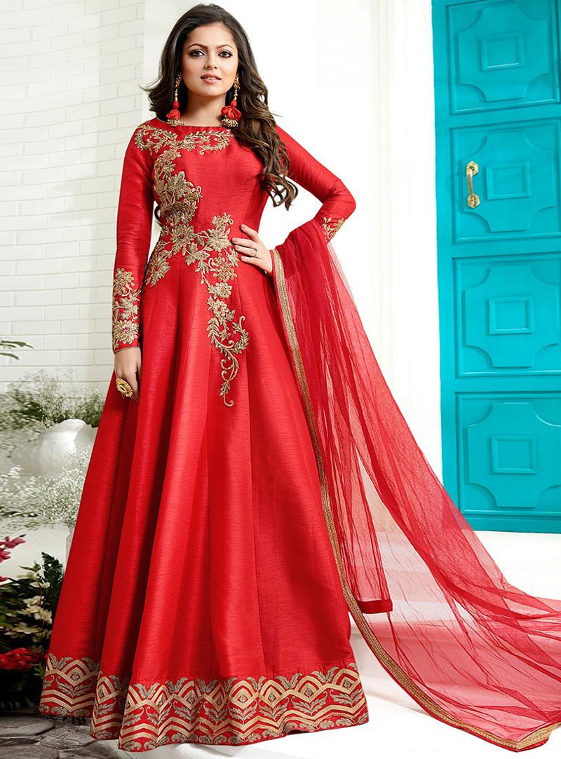 Drashti Dhami Red Silk Floor Length Anarkali Suit 92436