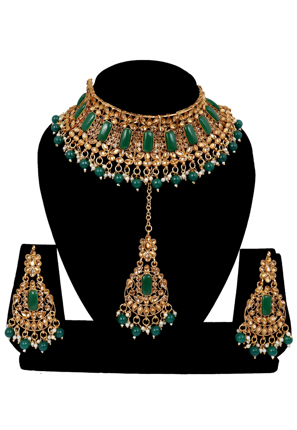 Green Alloy Austrian Diamonds and Kundan Necklace Set With Earrings and Maang Tikka 272591