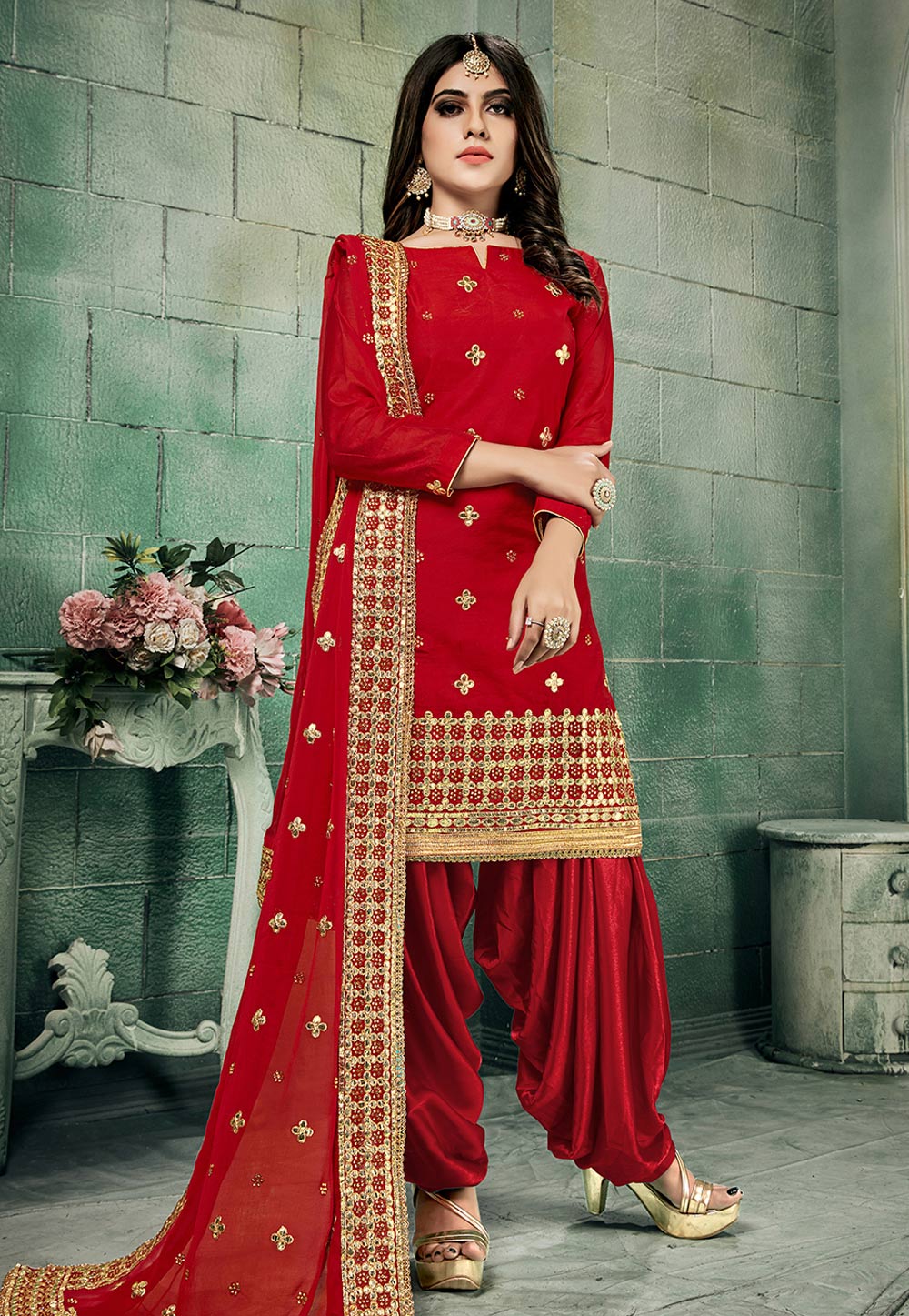 Red Chanderi Silk Patiala Suit 209222