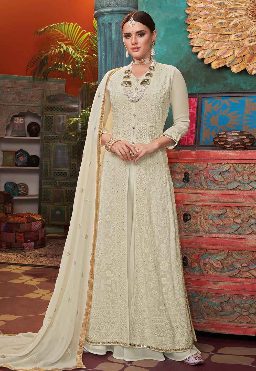 Cream Faux Georgette Anarkali Suit With Palazzo 207130