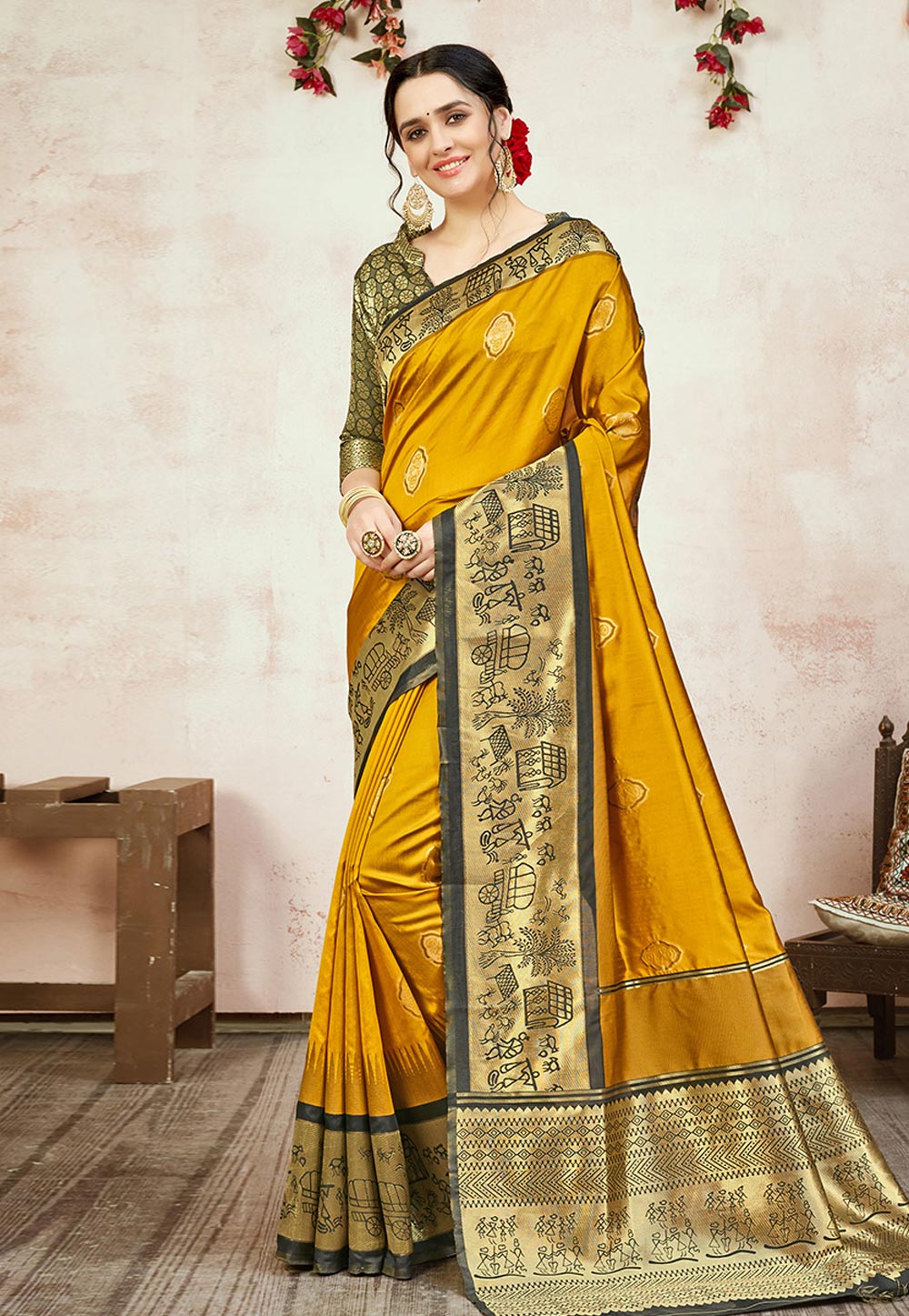 Mustard Banarasi Silk Saree With Blouse 218486