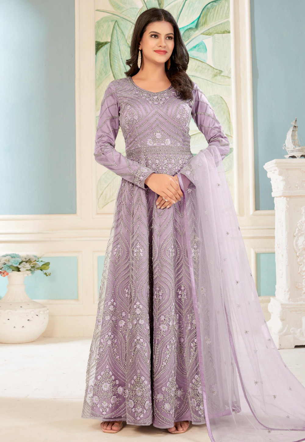 Light Purple Net Anarkali Salwar Kameez  270939
