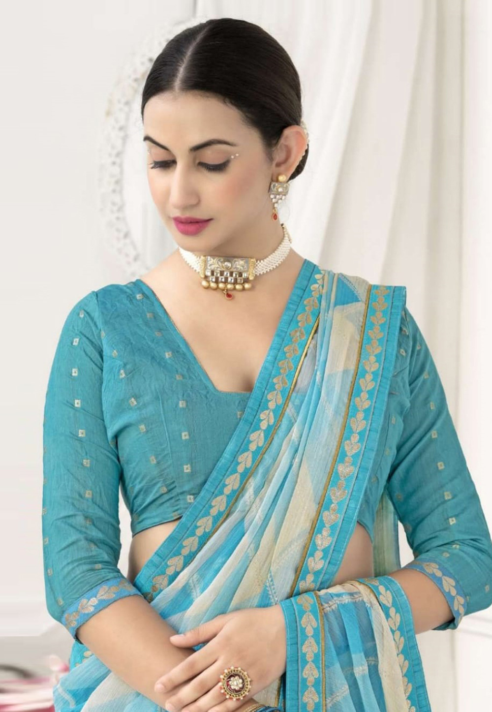 Deep Sky Blue With Pink Border Silk Traditional Saree – paanericlothing