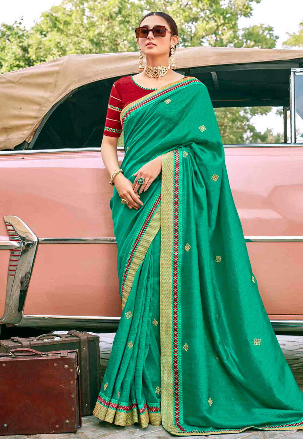 Turquoise Raw Silk Saree With Blouse 213918