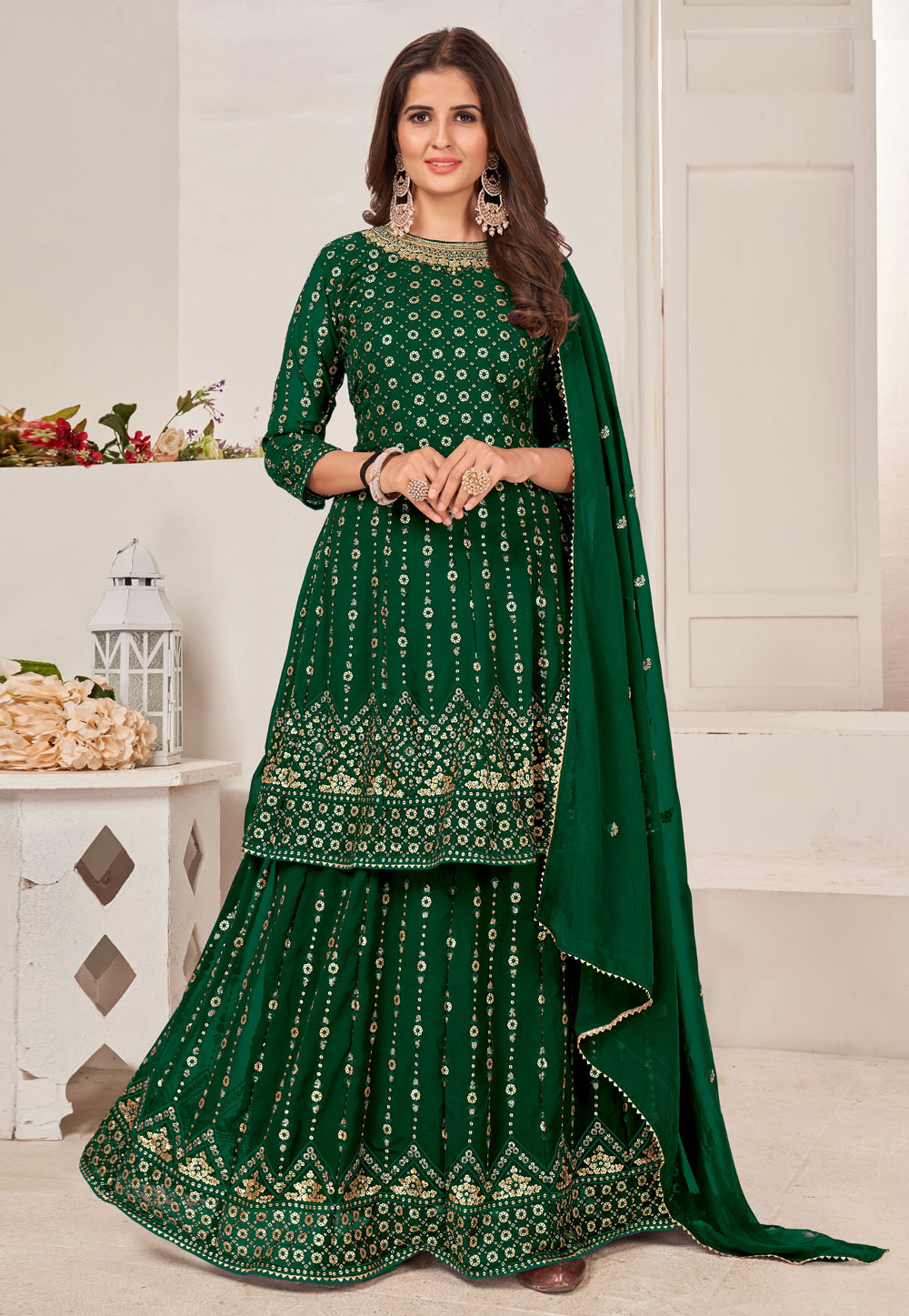 Green Faux Georgette Sharara Suit 255247