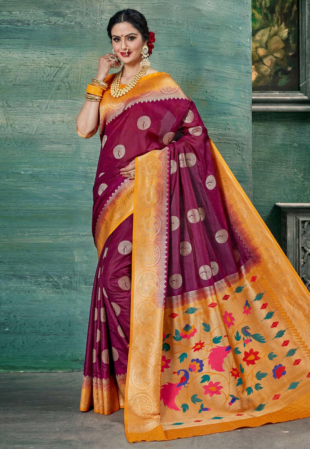 Magenta Silk Resham Work Paithani Saree 210260