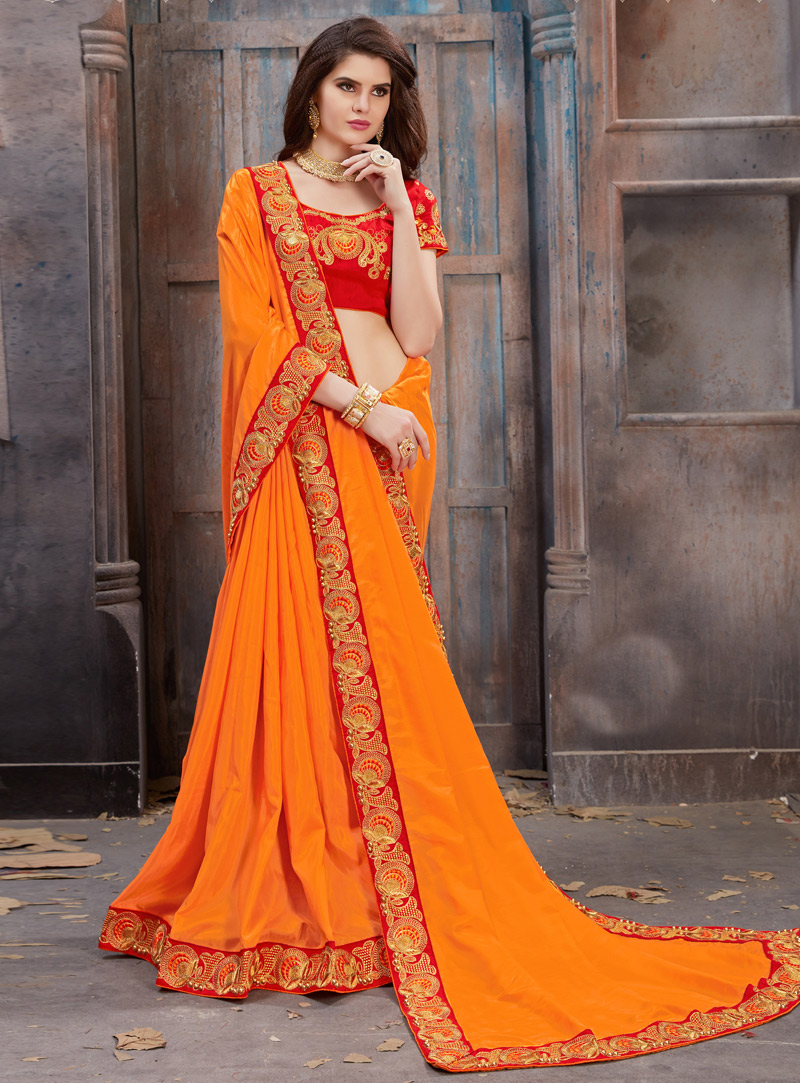 Orange Silk Patch Lace Work Saree 124345