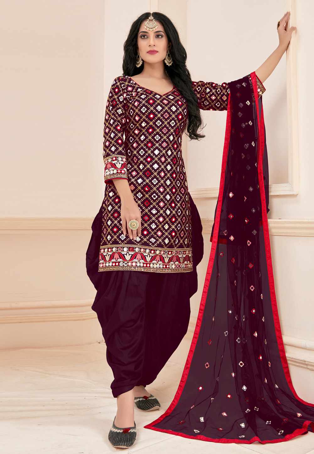 Wine Cotton Readymade Punjabi Suit 210876