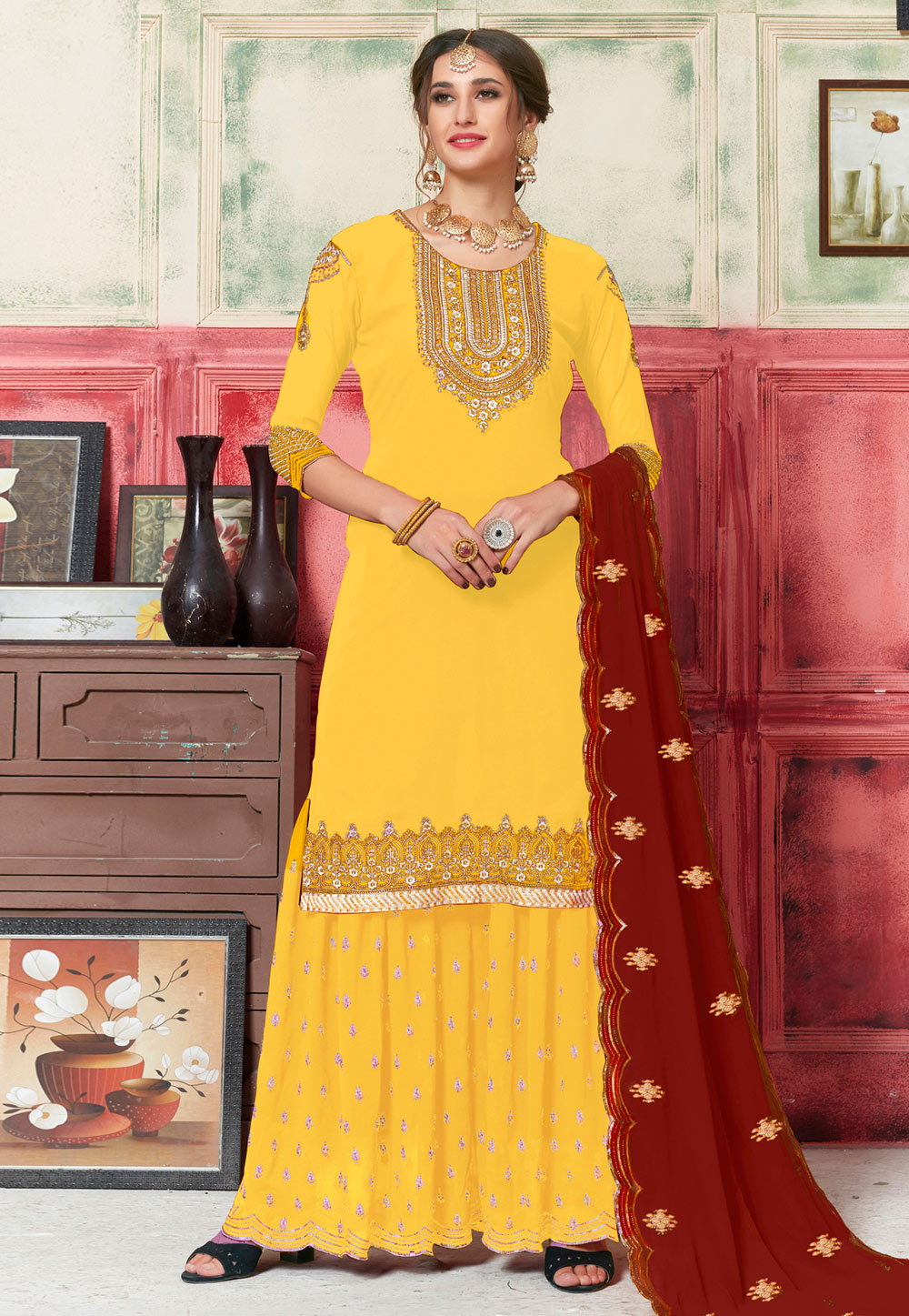 Yellow Georgette Embroidered Sharara Suit 182743