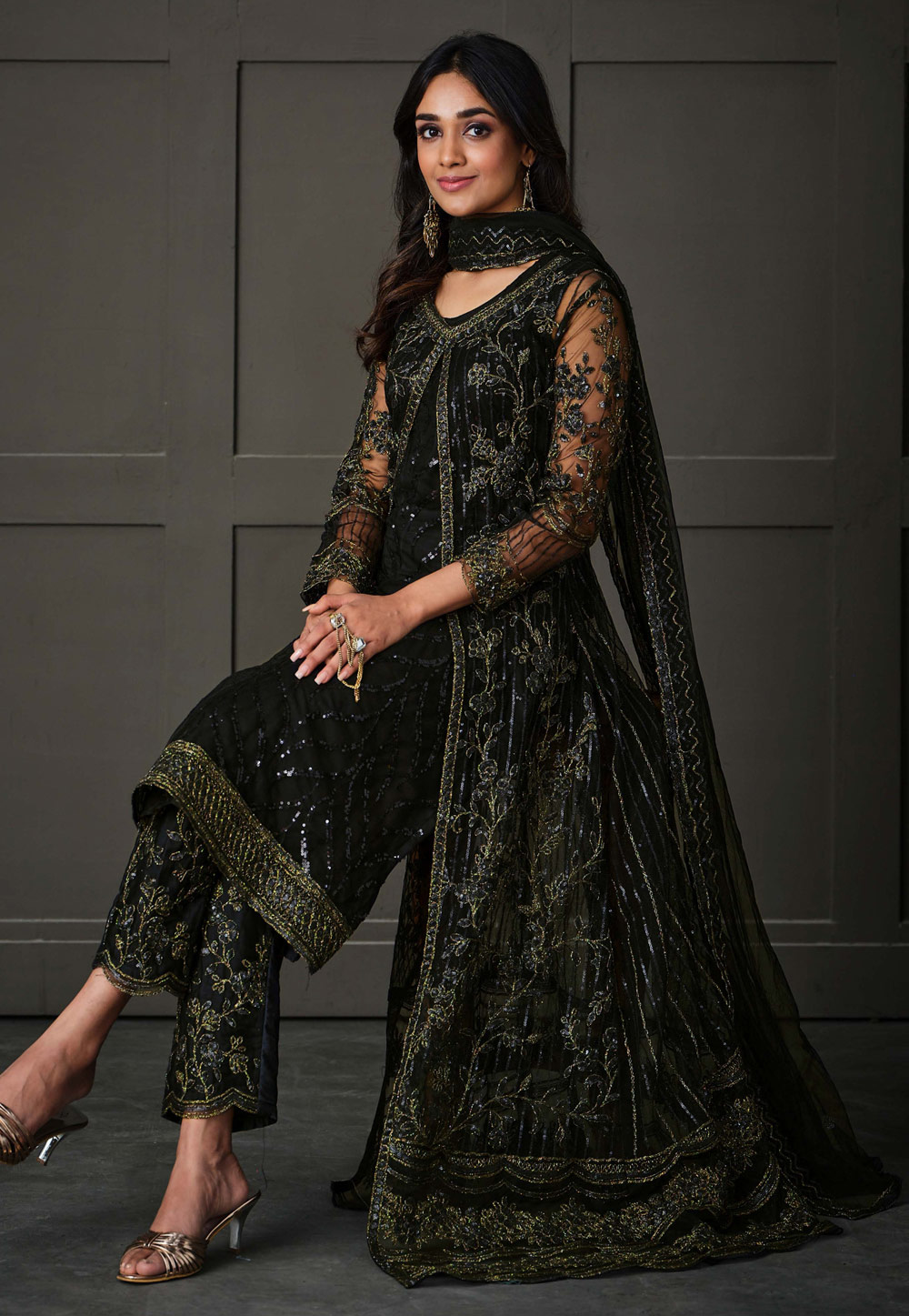 Net Embroidery Pant Style Suit In Black Colour - SM1640539